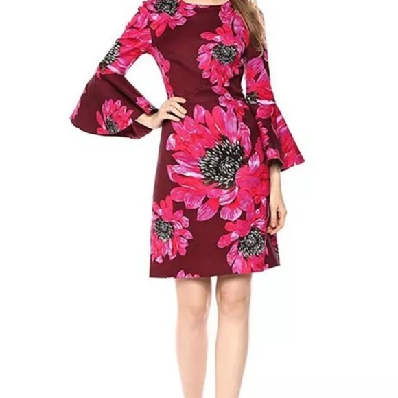 Trina Turk Floral Bell Sleeve Dress - Pink and Red Size 4 - Picture 3 of 4
